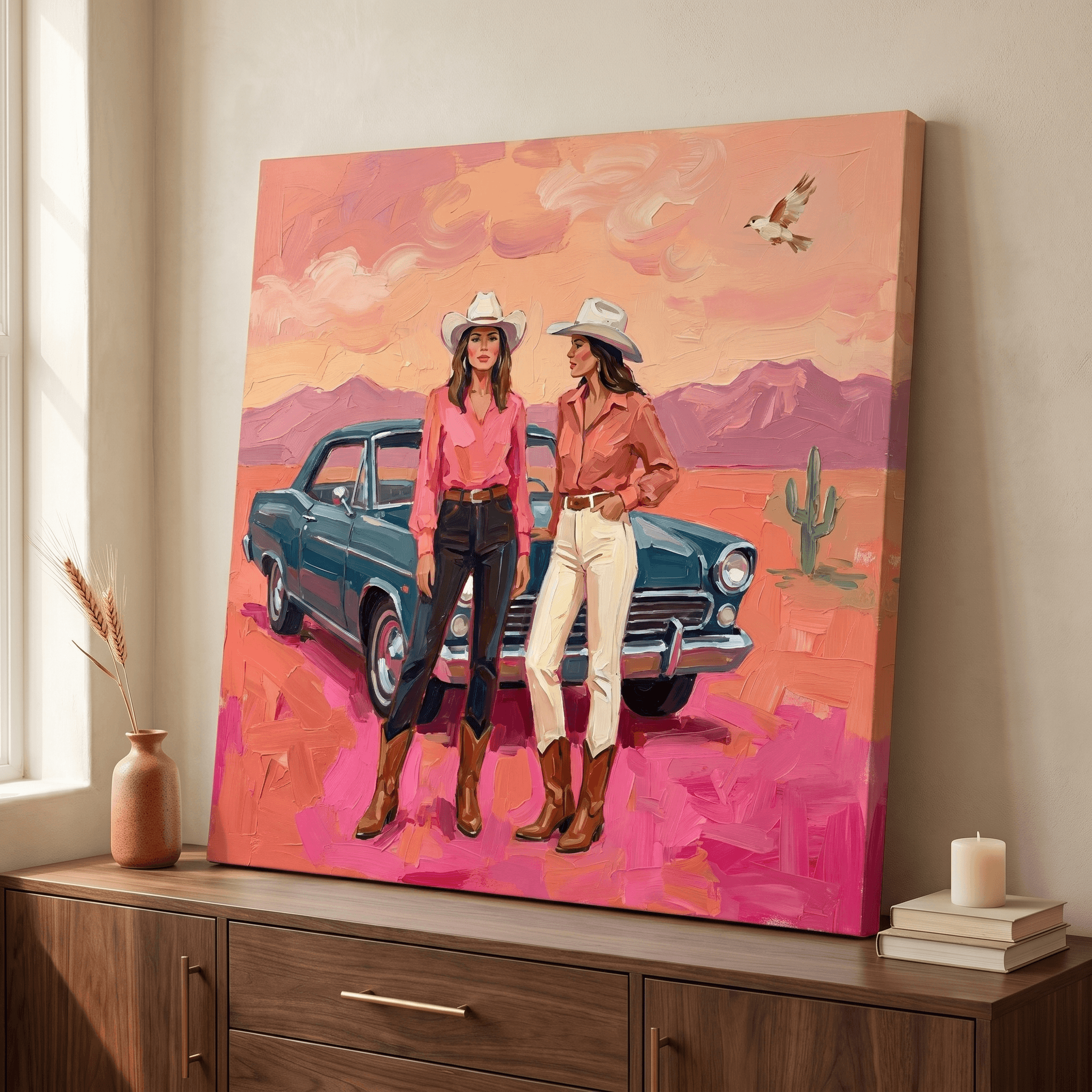 Western Women Vintage Car Canvas Wall Art | Pink Desert Sunset Print | Living Room Home Decor
