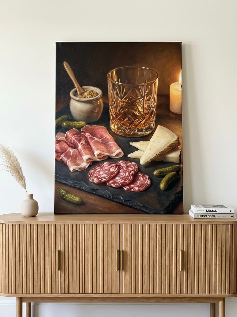 Whiskey and Charcuterie Canvas Wall Art | Classical Still Life Print | Elegant Dining Room Decor