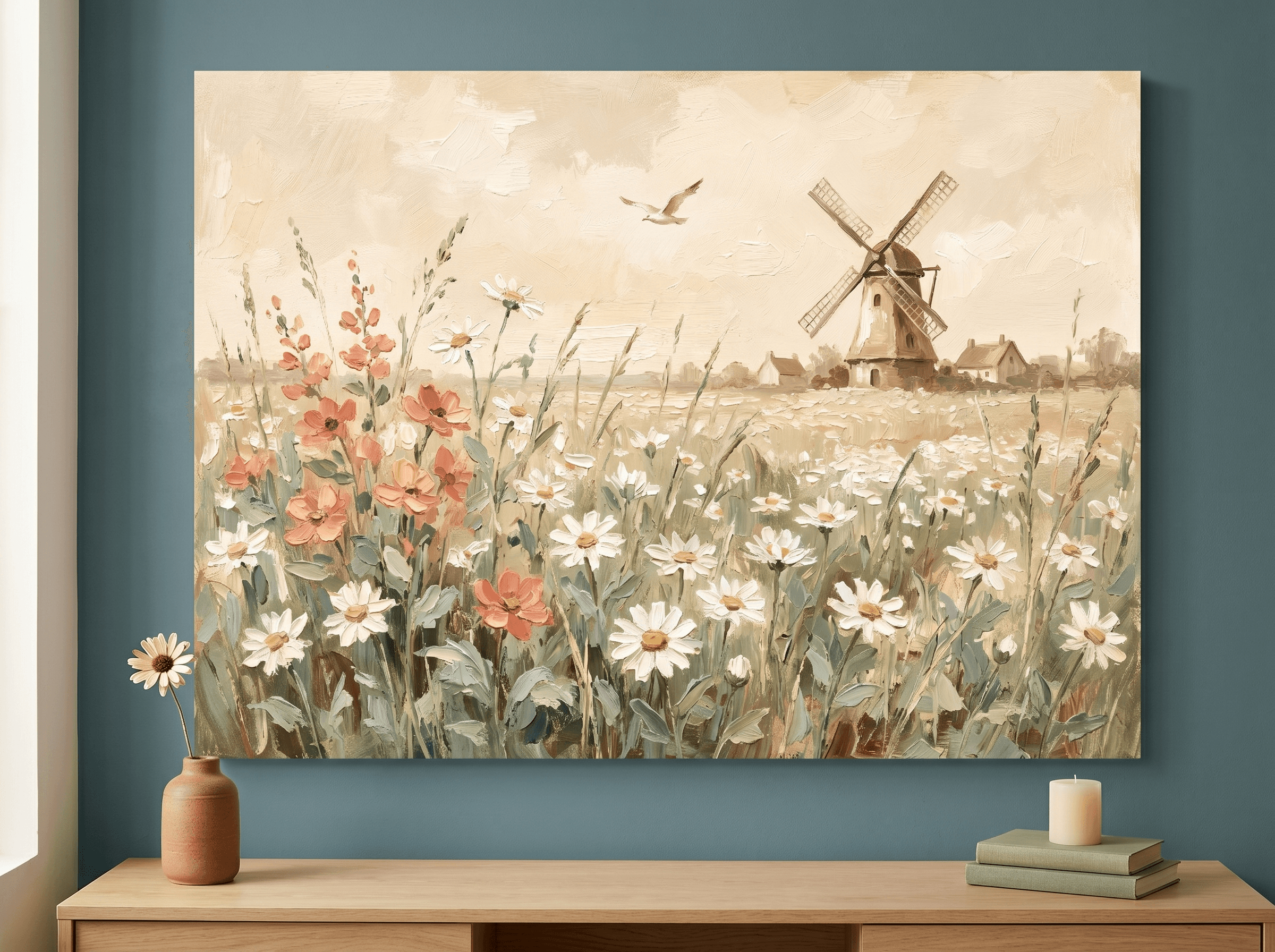 White Daisy Meadow Windmill Canvas Wall Art | Vintage Impressionist Oil Print | Living Room Home Decor