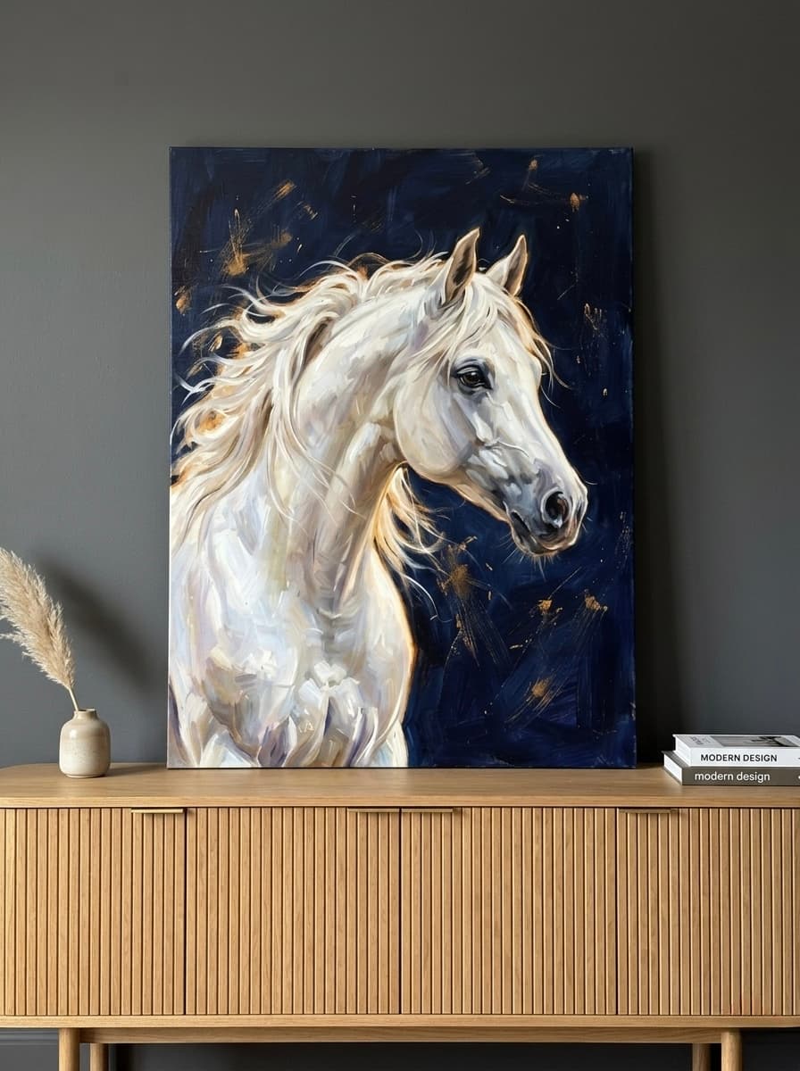 White Horse Canvas Wall Art | Impasto Oil Painting Navy Gold Print | Living Room Luxury Decor
