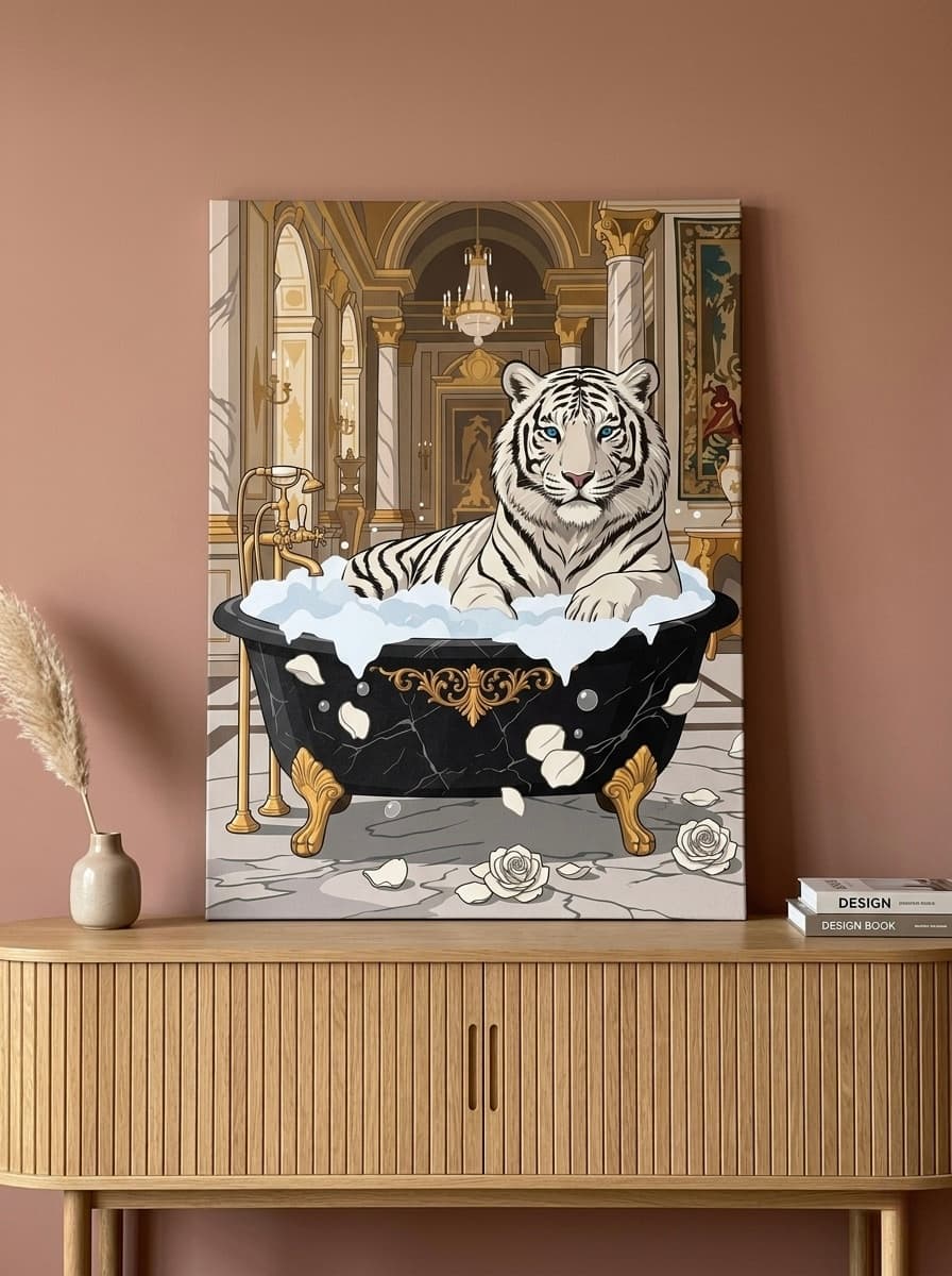 White Tiger Bathtub Canvas Wall Art | Luxury Animal Digital Print | Funny Decor Gift