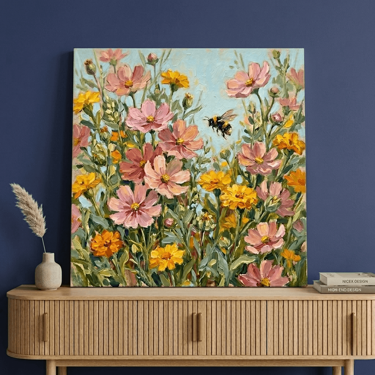 Wildflower Meadow Canvas Wall Art | Bumblebee Oil Painting Framed Print | Cottage Home Decor