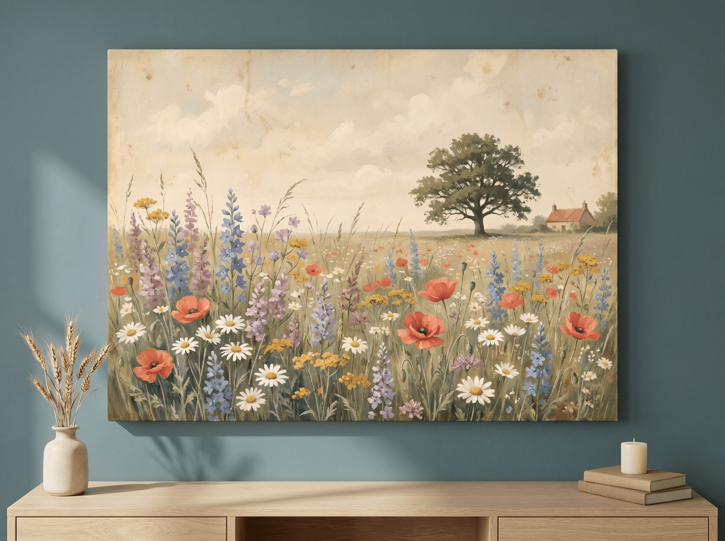 Wildflower Meadow Oak Cottage Canvas Wall Art | Vintage Painterly Oil Print | Living Room Home Decor