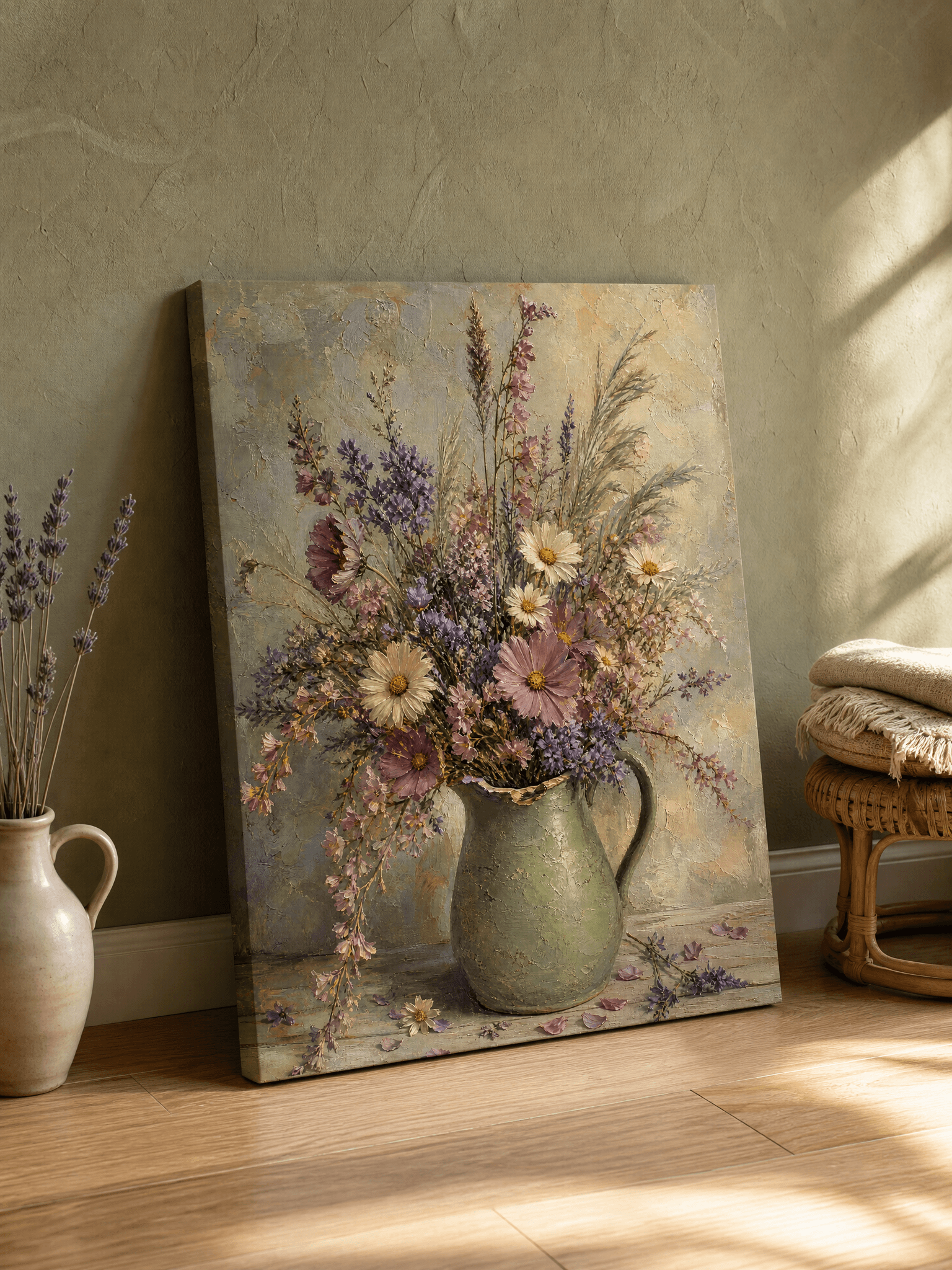 Wildflowers Sage Pitcher Canvas Wall Art | Vintage Still Life Print | Living Room Home Decor