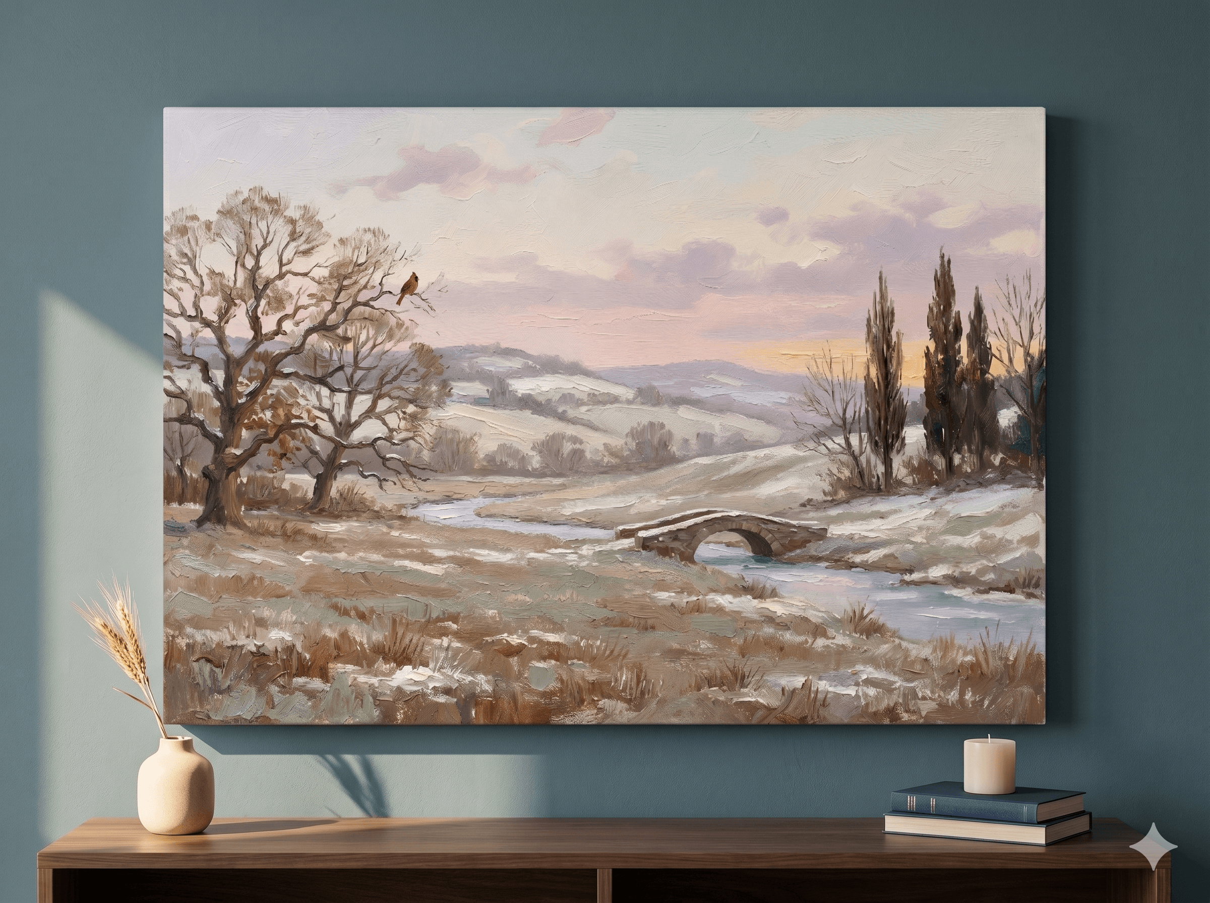 Winter Tuscan Bridge Cardinal Canvas Wall Art | Snow Dawn Classical Print | Living Room Home Decor