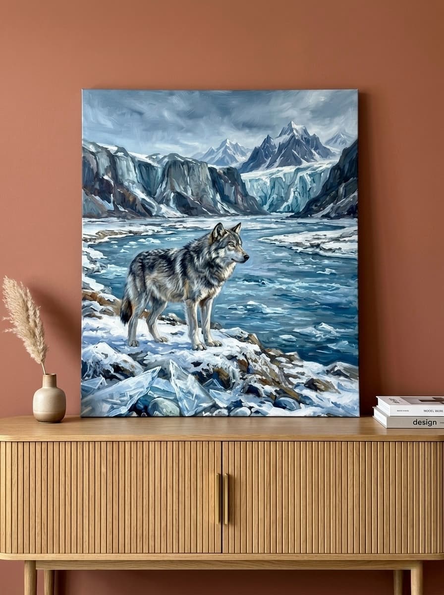 Wolf Canvas Wall Art | Grey Wolf Glacier Mountains Wildlife Painting | Framed Canvas Print, Ready to Hang