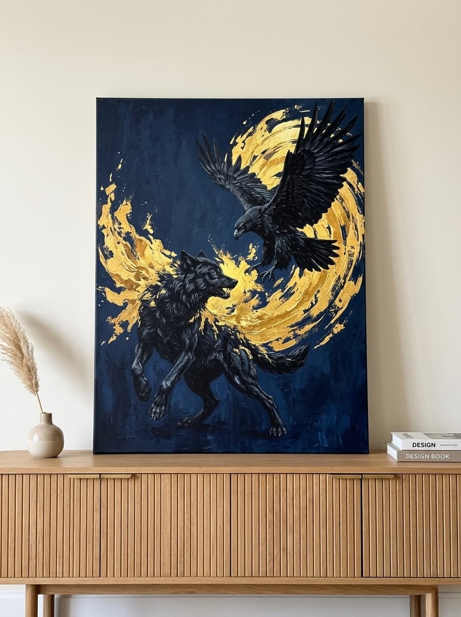Wolf Eagle Canvas Wall Art | Painterly Wildlife Navy Gold Print | Framed Canvas Wall Art, Ready to Hang