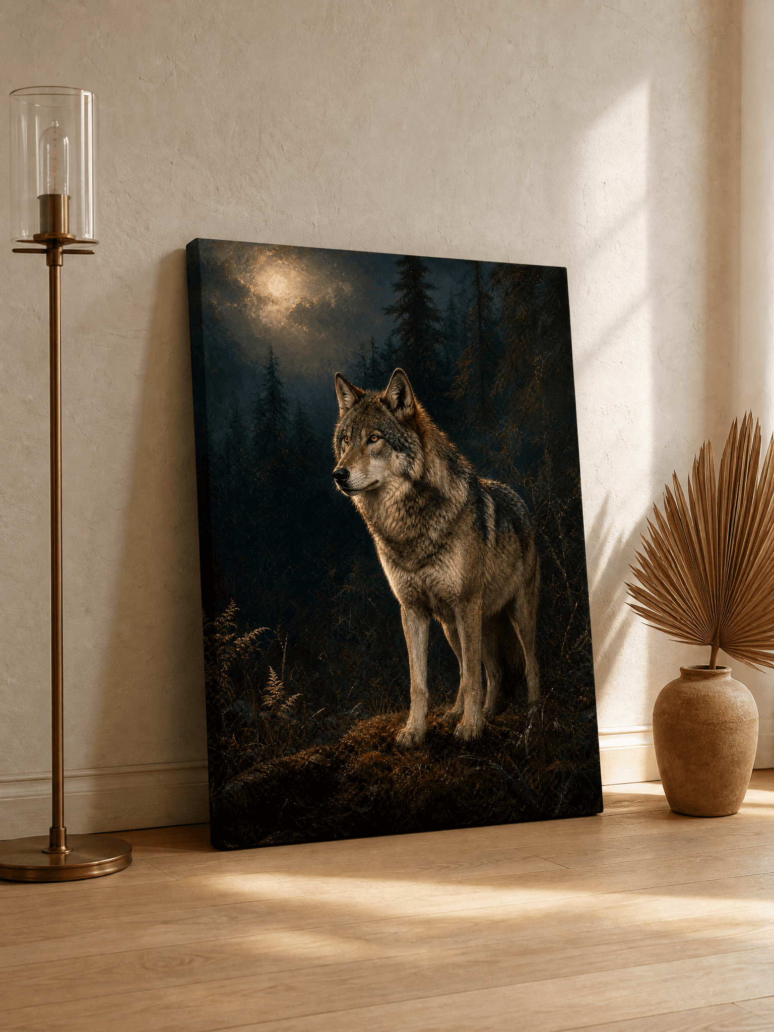 Wolf In Moonlit Forest Canvas Wall Art | Classical Wildlife Print | Living Room Home Decor
