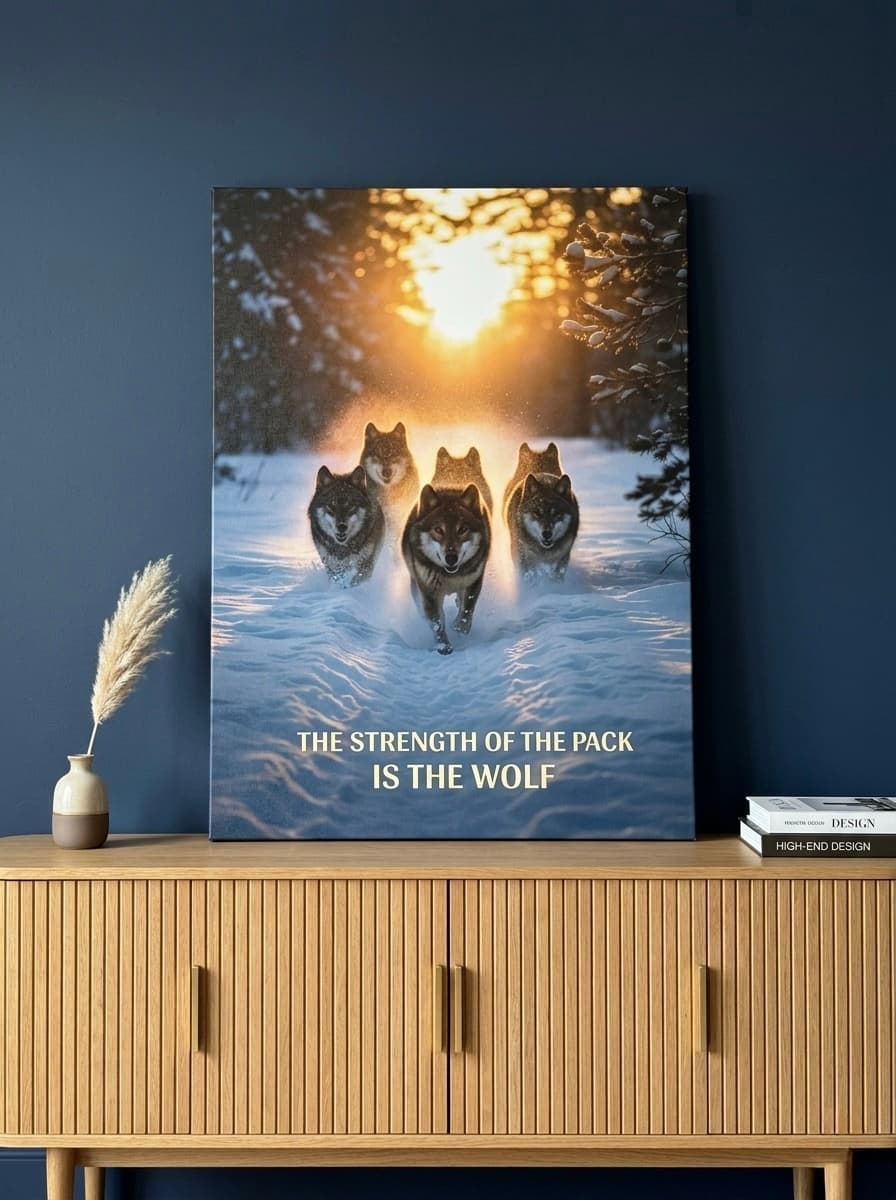 Wolf Pack Wall Art Canvas | Atmospheric Wildlife Framed Print | Home Office Living Room Decor