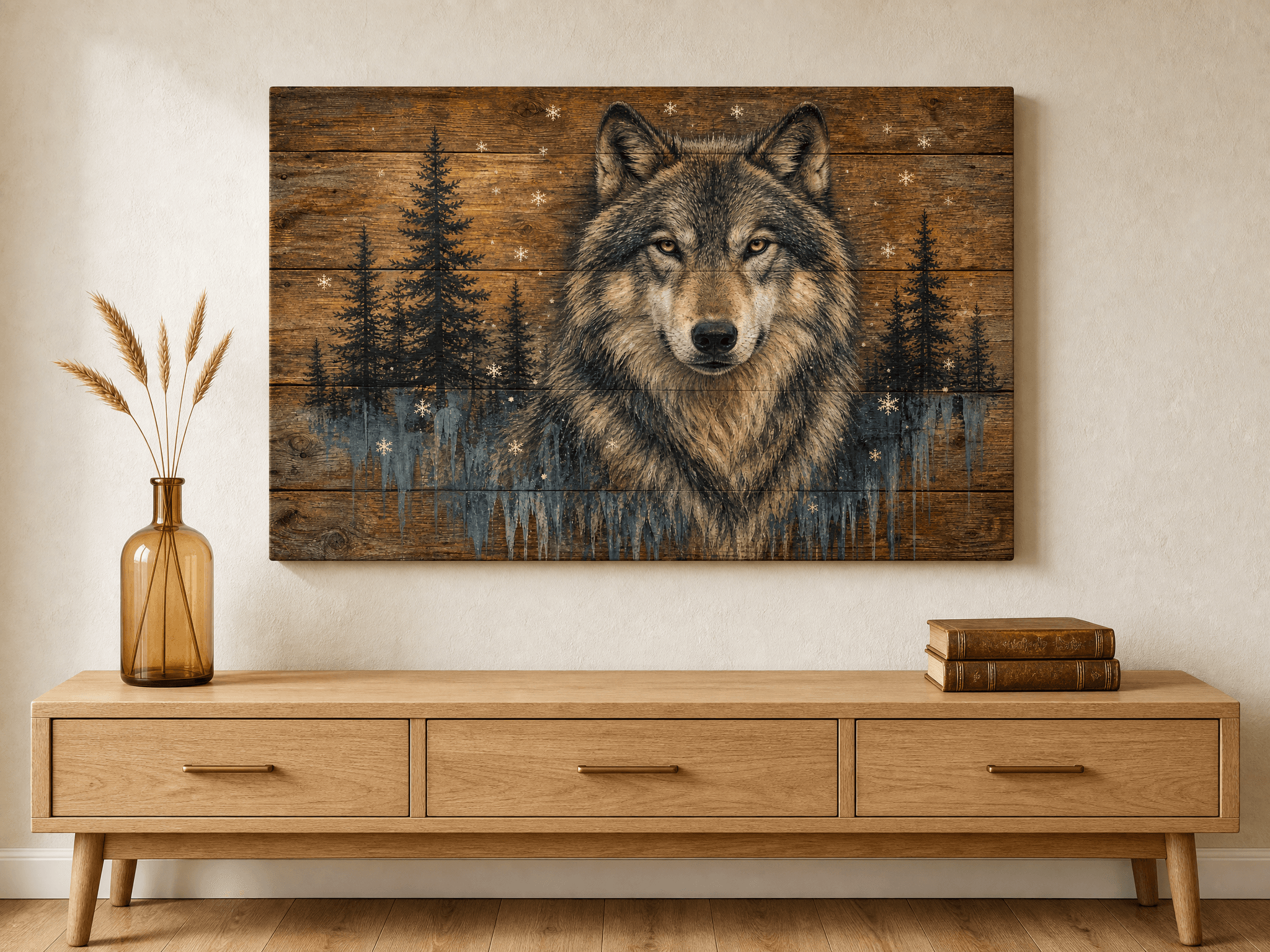 Wolf On Rustic Wood Canvas Wall Art | Mixed Media Wildlife Print | Cabin Home Decor