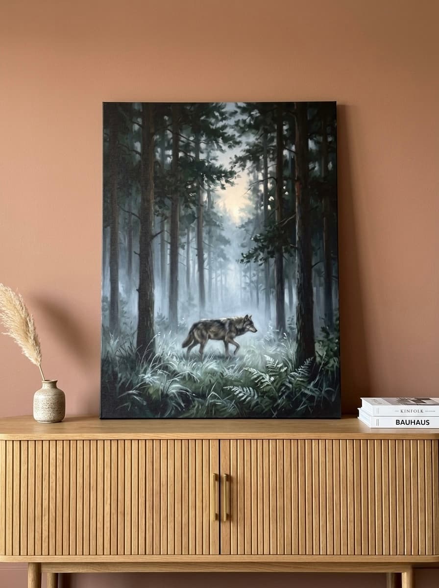 Wolf Canvas Wall Art | Atmospheric Moonlit Forest Painting | Framed Canvas Print, Ready to Hang