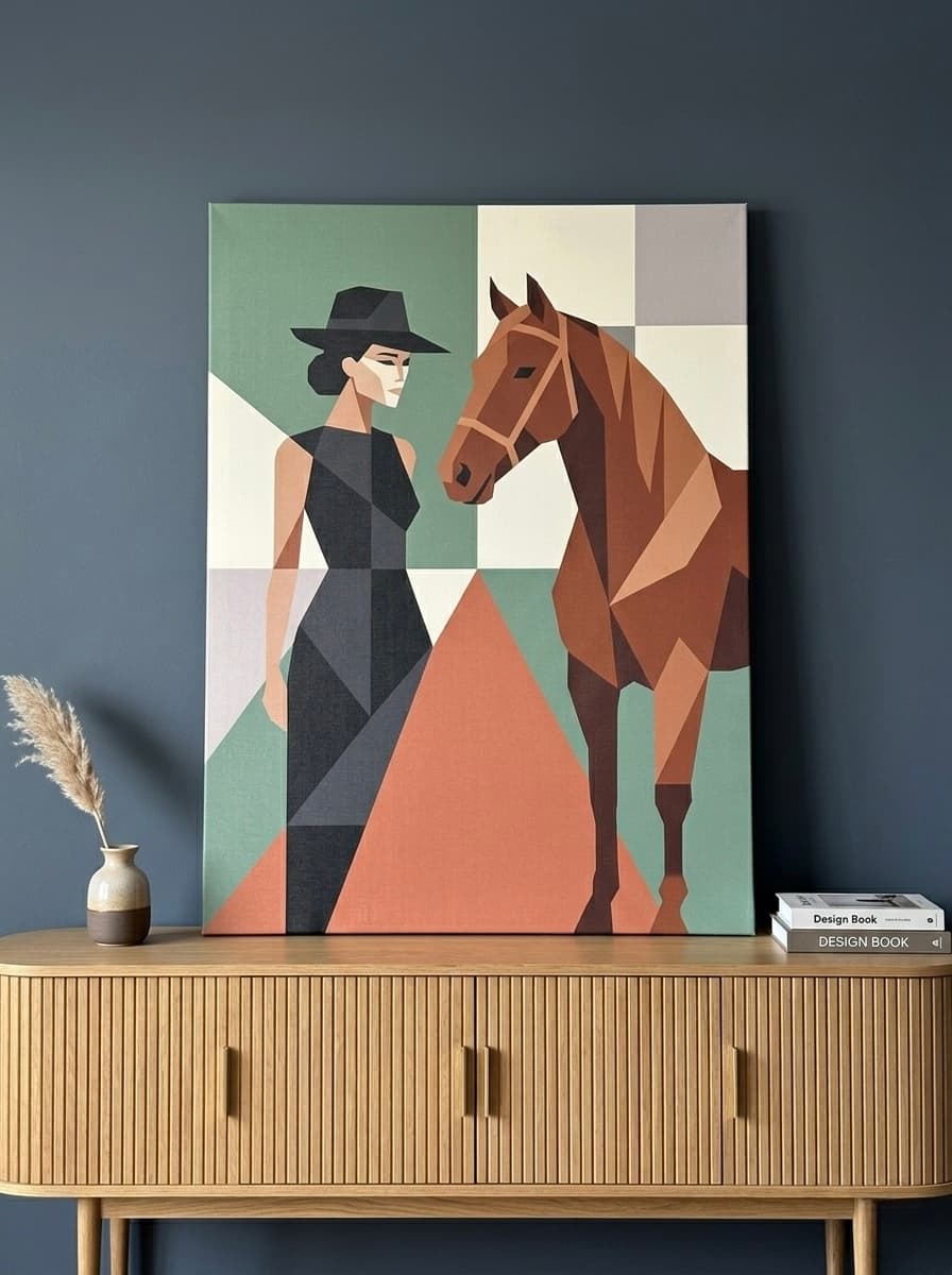 Woman and Horse Canvas Wall Art | Geometric Sage Terracotta Print | Bedroom Modern Art Decor
