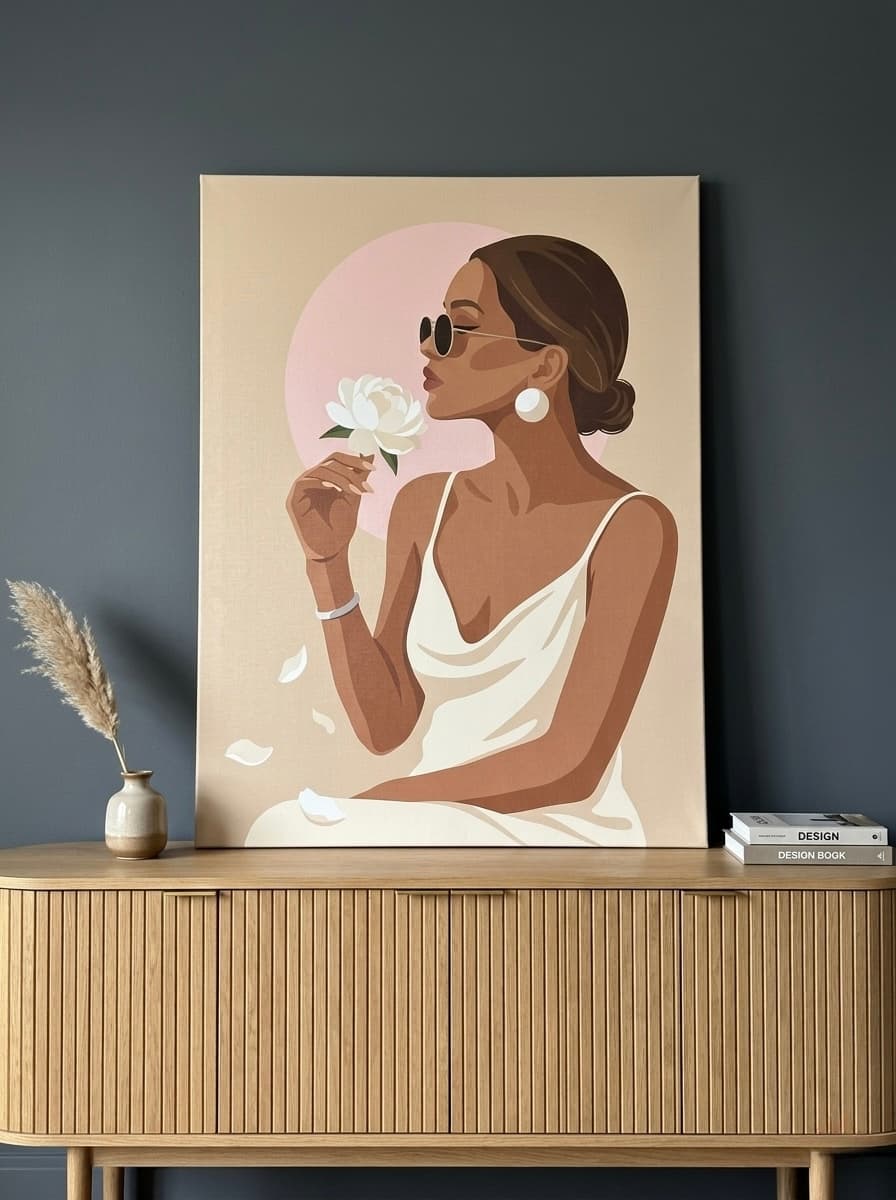 Woman Peony Canvas Wall Art | Fashion Editorial Flat Vector Print | Champagne Bedroom Decor