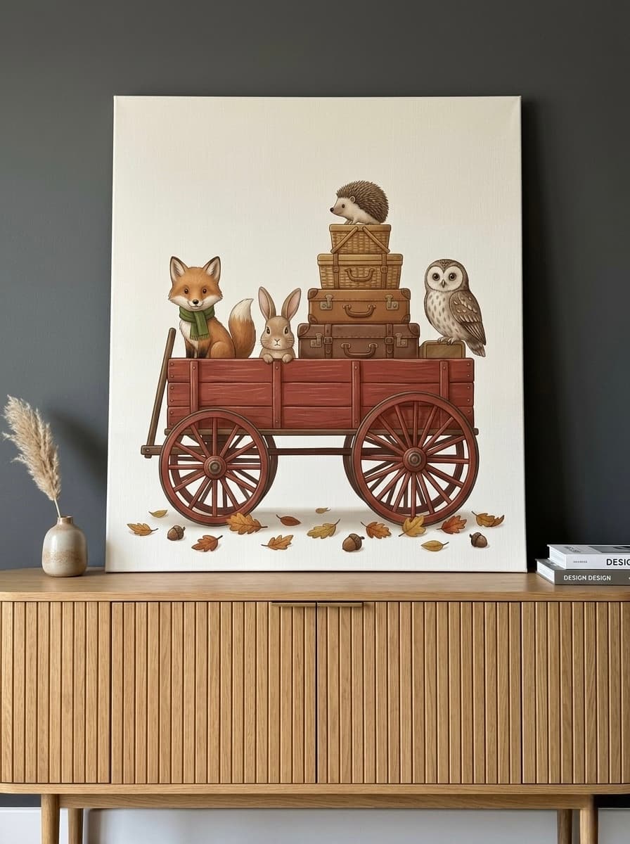Woodland Animals Red Wagon Canvas Nursery Wall Art | Playful Adventure Kids Room Decor | Birthday Gift
