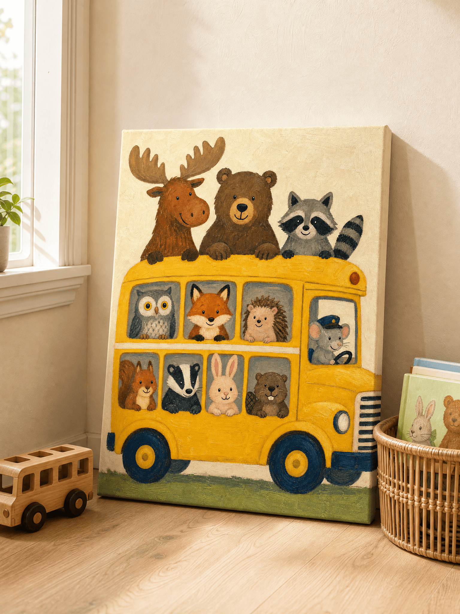 Woodland Animals Yellow School Bus Canvas Wall Art | Storybook Print | Nursery Home Decor