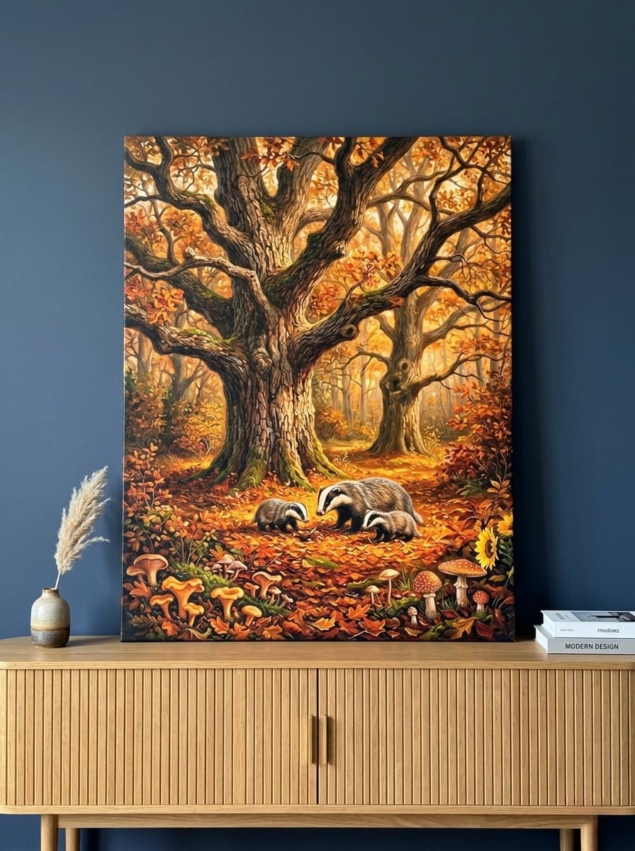 Woodland Badger Family Oil Painting Nursery Canvas Wall Art | Enchanted Forest Kids Room Decor | Nature Gift