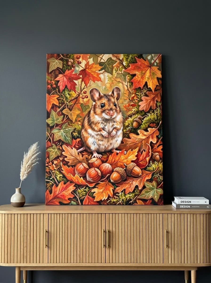 Mouse Canvas Wall Art | Wood Mouse Autumn Leaves Wildlife Painting | Framed Canvas Print, Ready to Hang