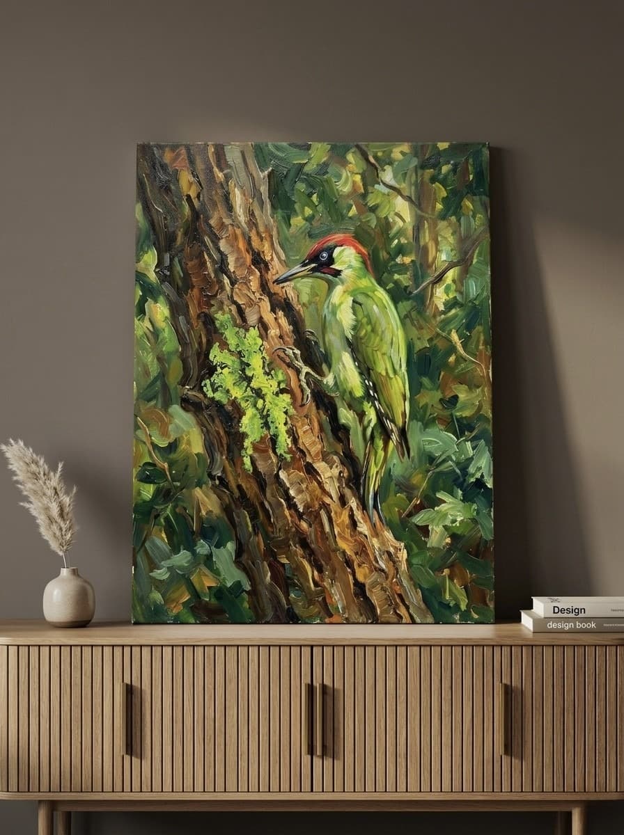 Woodpecker Canvas Wall Art | Green Woodpecker Bird Painting | Framed Canvas Print, Ready to Hang