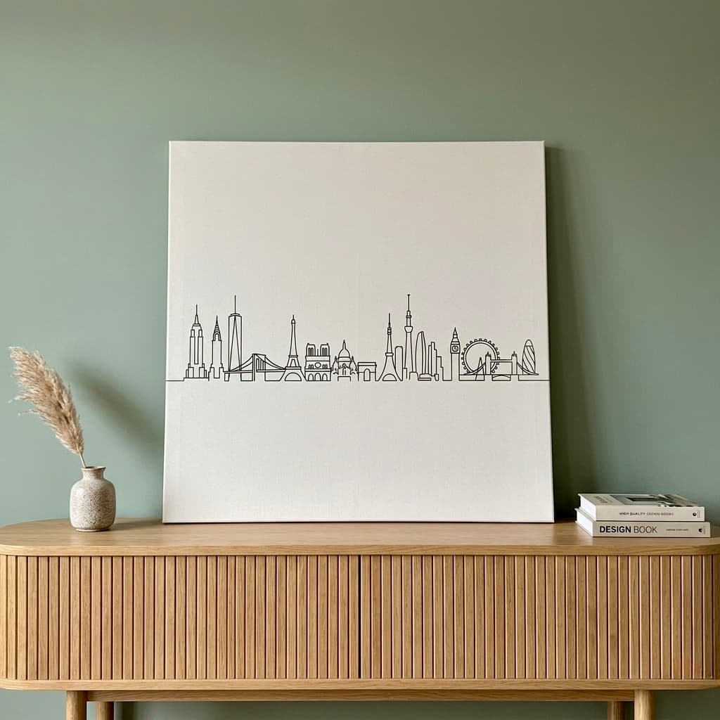 World Landmarks Skyline Canvas Wall Art | Minimalist Line Art Print | Travel Home Decor