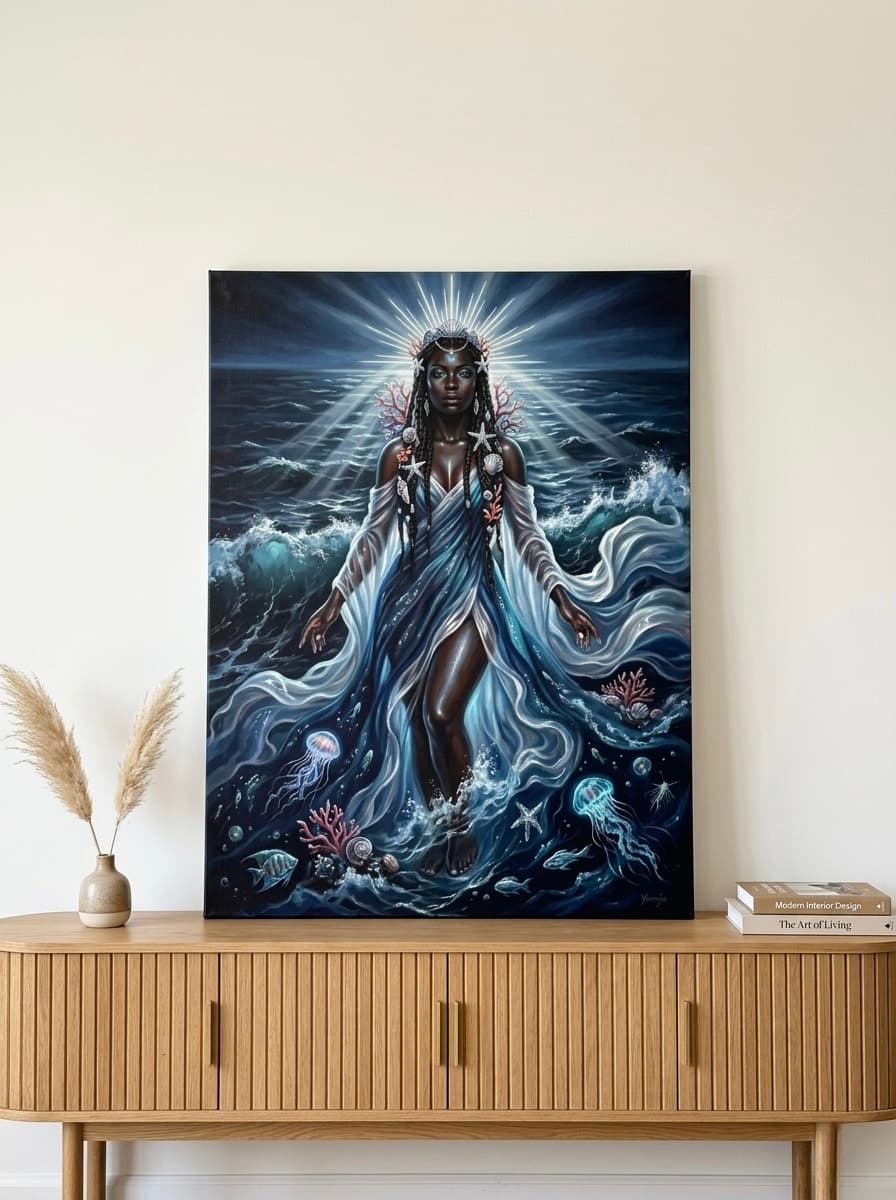 Yemoja Ocean Goddess Canvas Wall Art | Yoruba African Deity Print | Deep Blue Silver Decor | Spiritual Heritage Art