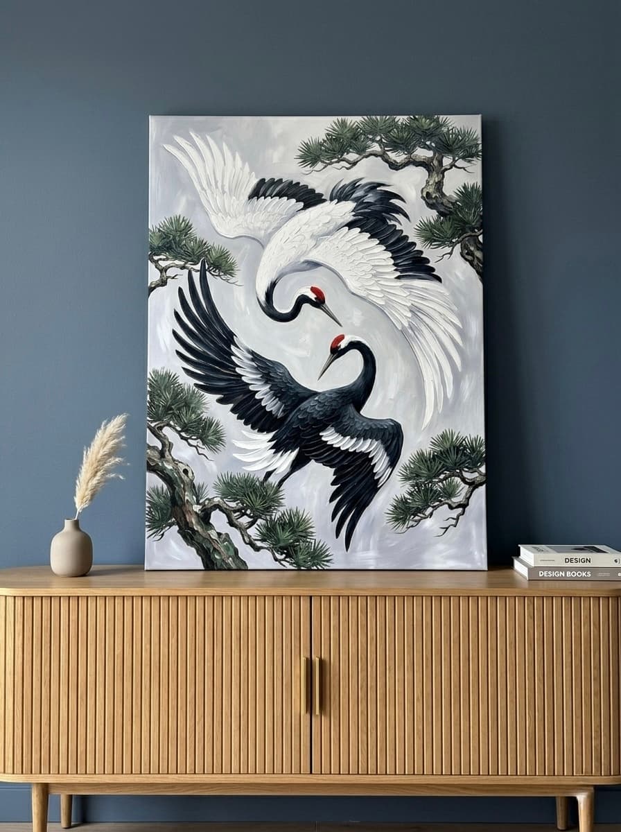 Yin Yang Cranes Canvas Wall Art | Japanese Ink Painting Print | Black White Red Zen Decor | Balance Harmony Art