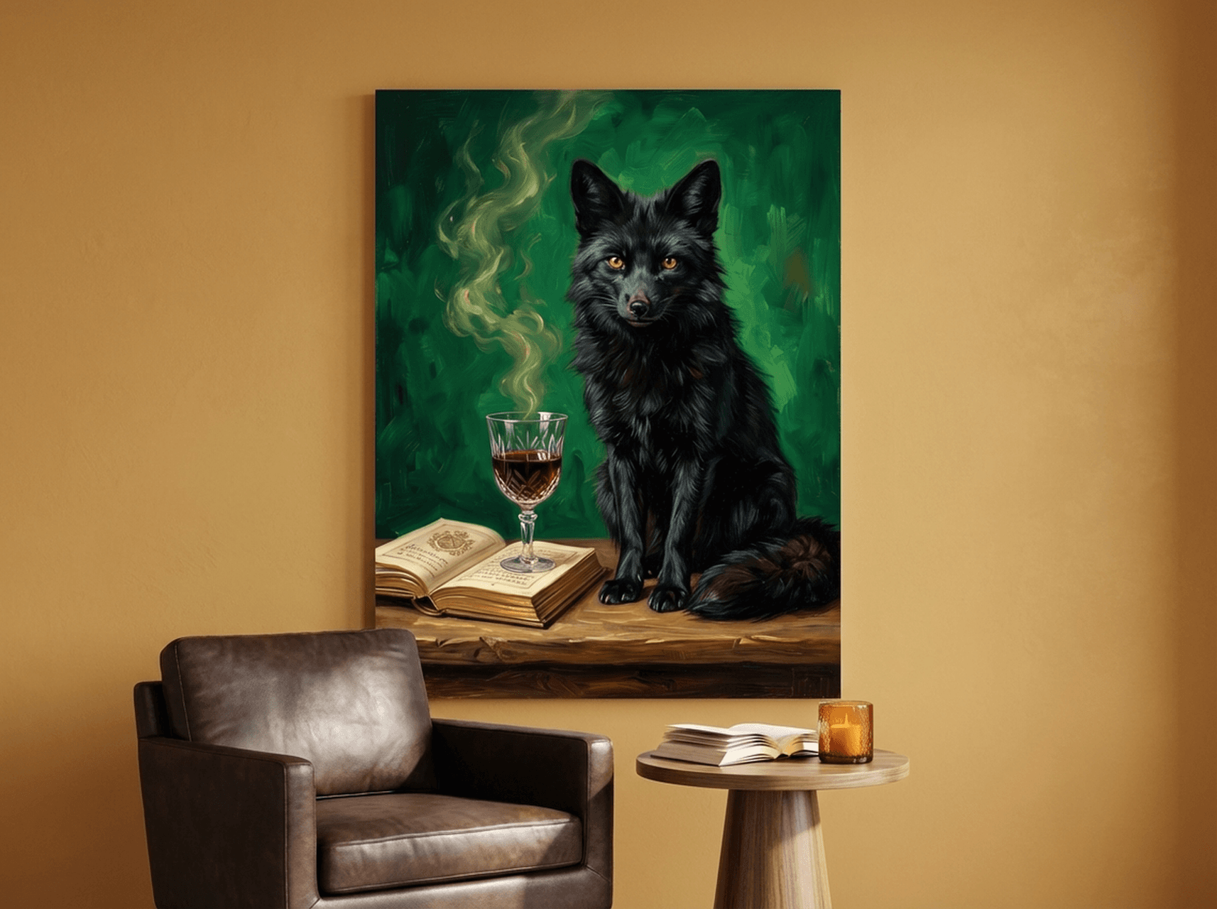 Black Fox Oil Painting Canvas Print | Dark Academia Wall Art | Emerald Green Framed Canvas | Moody Animal Art Decor