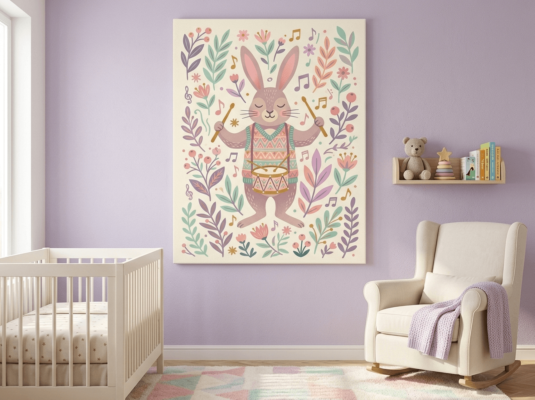 Rabbit Drummer Folk Art Nursery Canvas Wall Art | Playful Music Kids Room Decor | Animal Musician Print