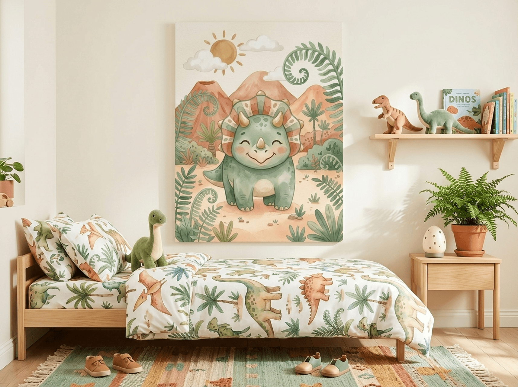 Triceratops Watercolor Nursery Canvas Wall Art | Friendly Dinosaur Kids Room Decor | Dino Birthday Gift