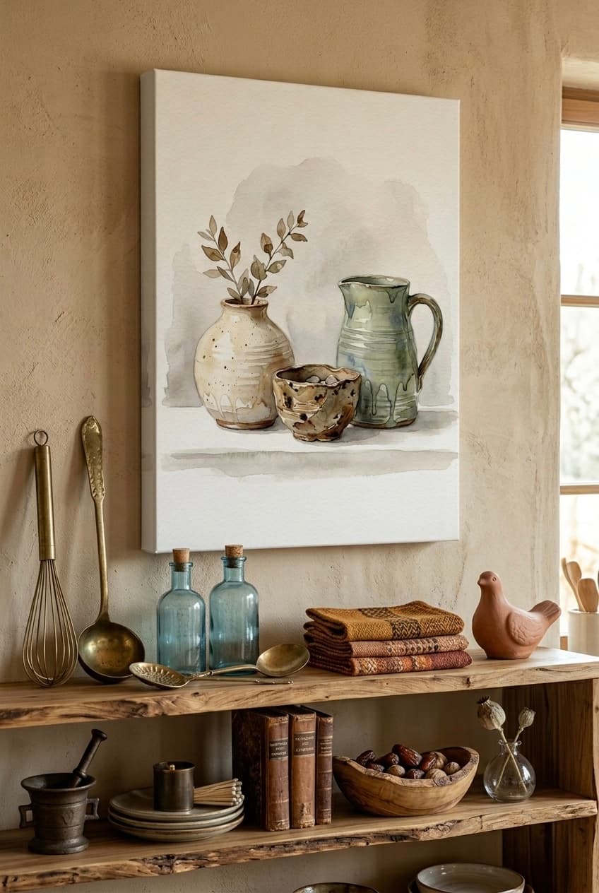 Imperfect Handmade Pottery Vessels Canvas Wall Art | Soft Watercolor Framed Print | Kitchen Dining Decor