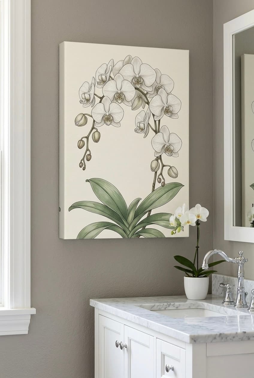 White Orchid Stem Canvas Wall Art | Botanical Illustration Framed Print | Bedroom Living Room Decor