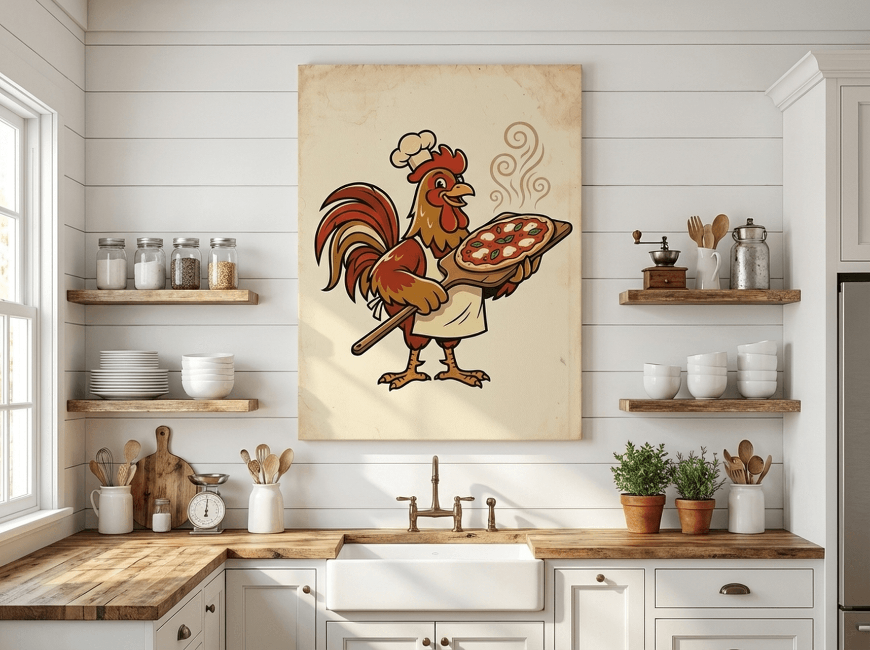 Rooster Chef Canvas Wall Art | Retro Kitchen Print | Farmhouse Dining Room Framed Decor