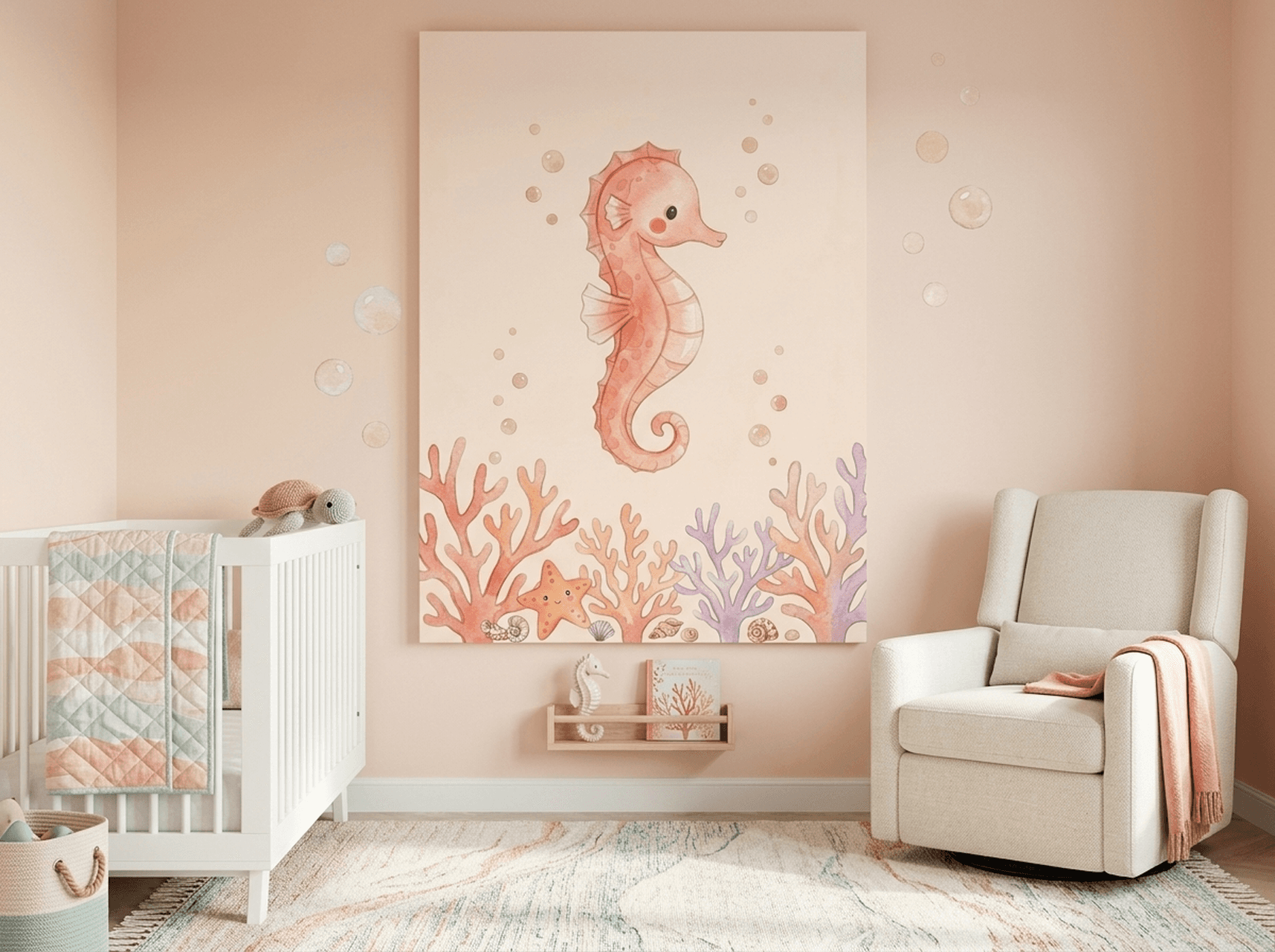Kawaii Seahorse Coral Nursery Canvas Wall Art | Ocean Underwater Kids Room Decor | Sea Animal Pink Gift