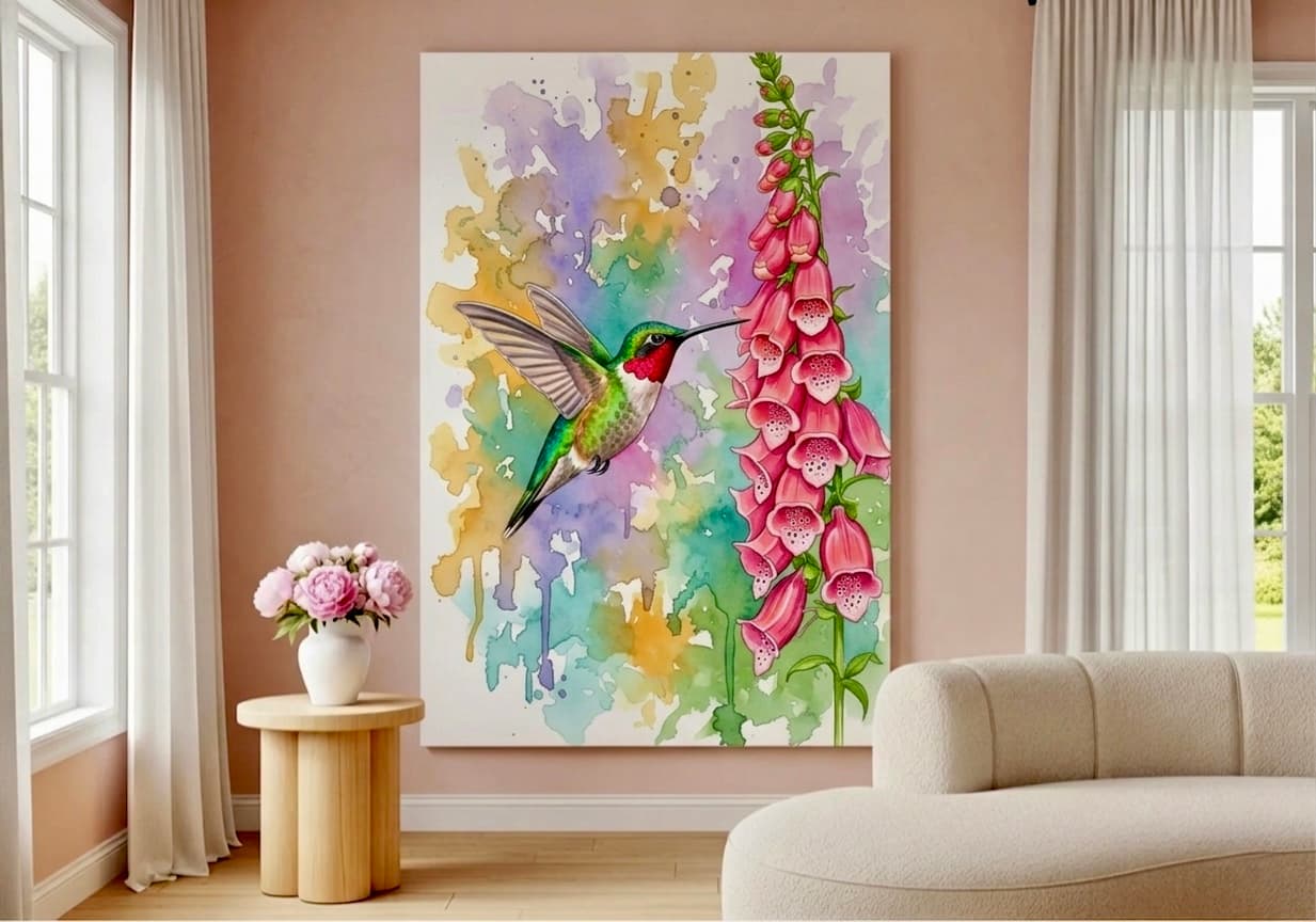 Hummingbird Watercolor Canvas Wall Art | Ruby Throated Bird Framed Print | Sunroom Bedroom Decor | Bird Lover Gift