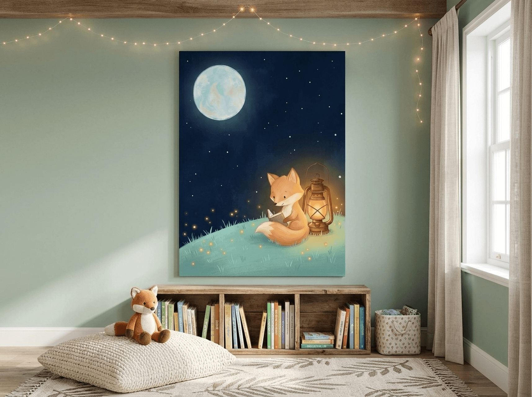 Fox Reading by Starlight Whimsical Nursery Canvas Wall Art | Navy Storybook Kids Room Decor | Book Gift