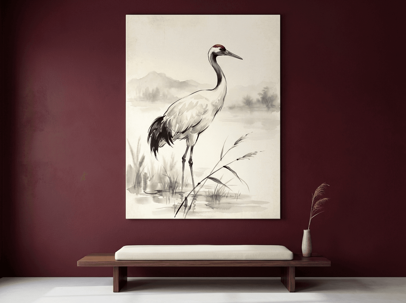 Crane Canvas Wall Art | Japanese Red Crown Crane Watercolor Painting | Framed Canvas Print, Ready to Hang