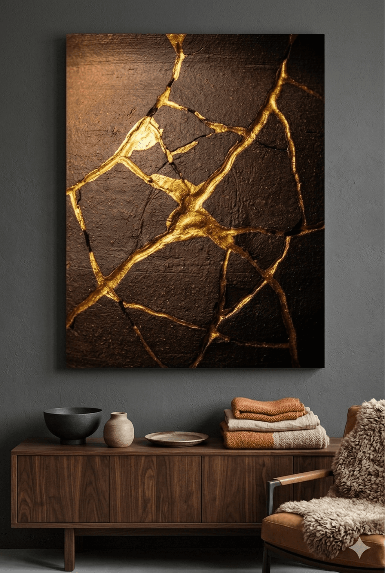 Kintsugi Gold Repair Canvas Wall Art | Textured Abstract Japanese Art Framed Print | Living Room Decor