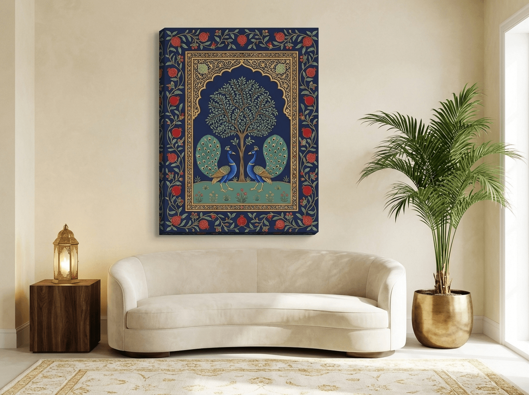 Mughal Peacock Canvas Wall Art | Pichwai Indian Art Print | Tree of Life Royal Blue Gold Decor | Cultural Heritage Art
